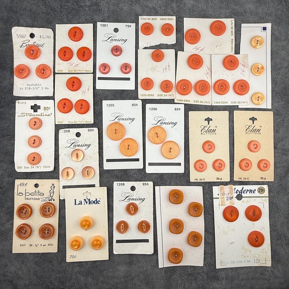Lot of Mixed Vintage Plastic Buttons w Cards Orange Tones Lansing Le Bouton Elan